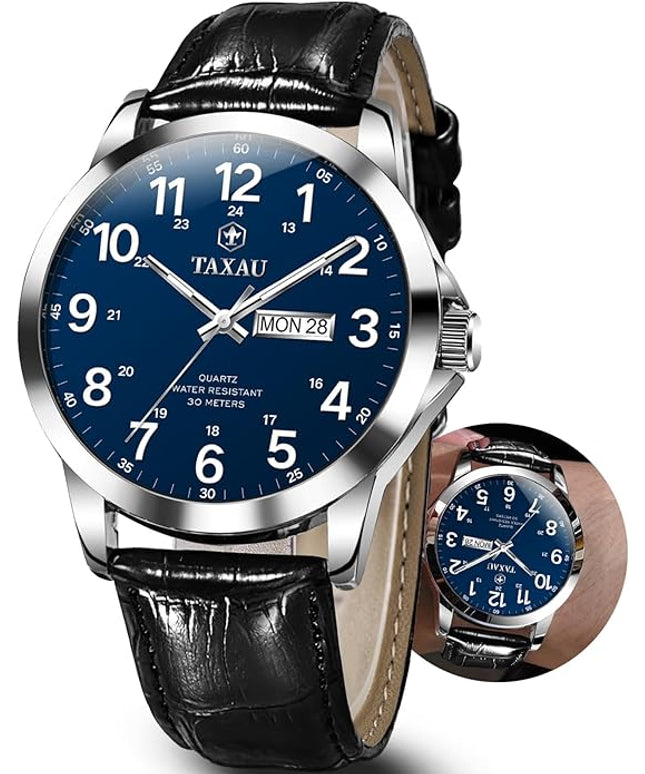 Men's Watches Leather Band Stainless Steel Quartz Analog Watch Luxury Waterproof Watches for Men Dress Men's Wrist Watch with Day Date Arabic Numeral Relojes para Hombre