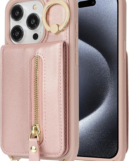 for iPhone 15 Pro Wallet Case with Card Holder, for iPhone 15 Pro Case Wallet with Strap Credit Card Slot, Crossbody Bag with Zipper Case for iPhone15 Pro- Rose Gold