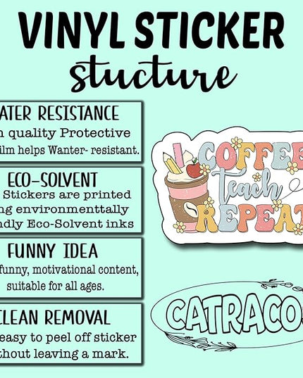 (3Pcs) Coffee Teach Repeat Sticker, Teacher Sticker Decorate Books Laptop Phone Water Bottles Kindles Stickers Tumbler Waterproof Vinyl Decorate Sticker 3" Inch