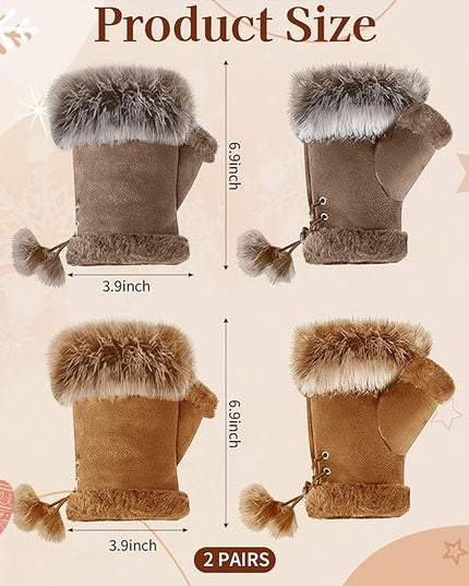 SATINIOR Women Fur Fingerless Gloves Winter Rabbit Fur Lined Half Finger Mittens for Women Girls Teen Working Writing