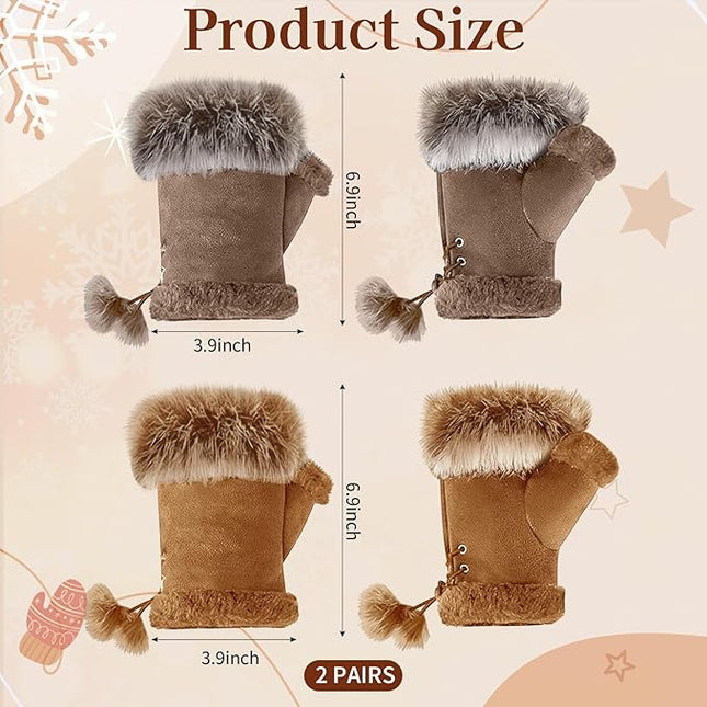 SATINIOR Women Fur Fingerless Gloves Winter Rabbit Fur Lined Half Finger Mittens for Women Girls Teen Working Writing