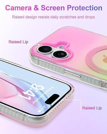 Aesthetic Case for iPhone 17 Case for Women Girls [Compatible with Magsafe] Cute Girly Trendy Glitter Sparkly Rainbow Magnetic Protective Phone Cover, Matte Iridescent Pink & Green