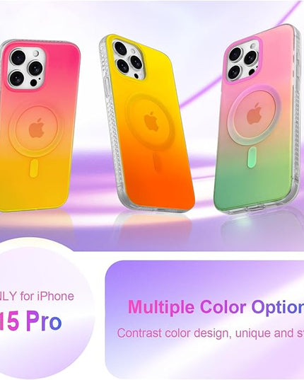 Aesthetic Case for iPhone 15 Pro Case for Women Girls, Compatible with Magsafe, Cute Girly Trendy Glitter Sparkly Rainbow Magnetic Protective Phone Cover, Matte Iridescent Yellow & Orange