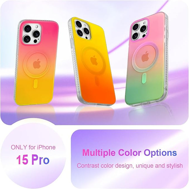Aesthetic Case for iPhone 15 Pro Case for Women Girls, Compatible with Magsafe, Cute Girly Trendy Glitter Sparkly Rainbow Magnetic Protective Phone Cover, Matte Iridescent Yellow & Orange
