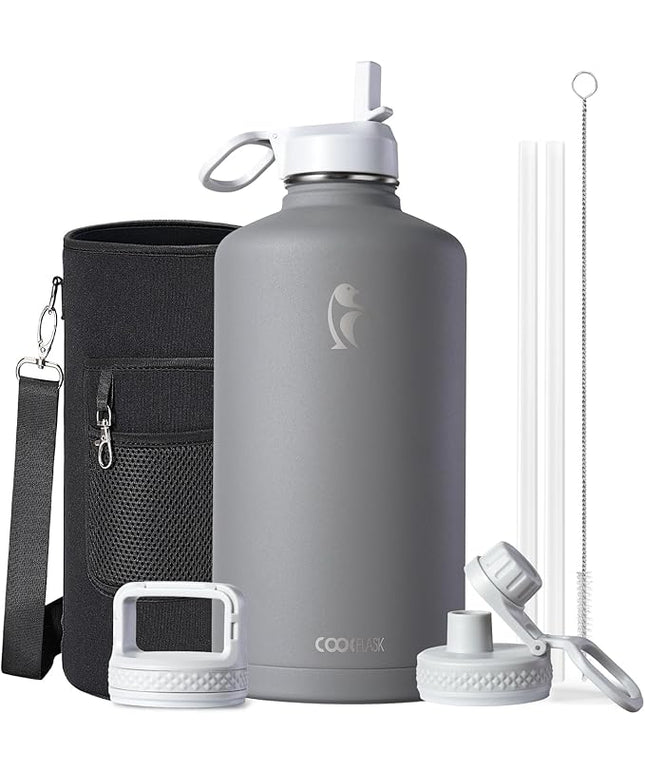 Coolflask 128 oz Gallon Water Bottle Insulated with Straw&3 Lids, Water Jug Large Stainless Steel Metal Vacuum Wide Mouth for Sports, Gym or Office, Non-BPA Keep Cold 48H Hot 24H, Dark Grey