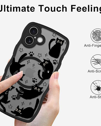 Cute Case for iPhone 16 Plus Case [Compatible with MagSafe] with Kawaii Black Cats Cat Print Pattern Design for Women Girls, Soft Wavy Edge Anti-Slip Animal Magnetic Protective Phone Cover