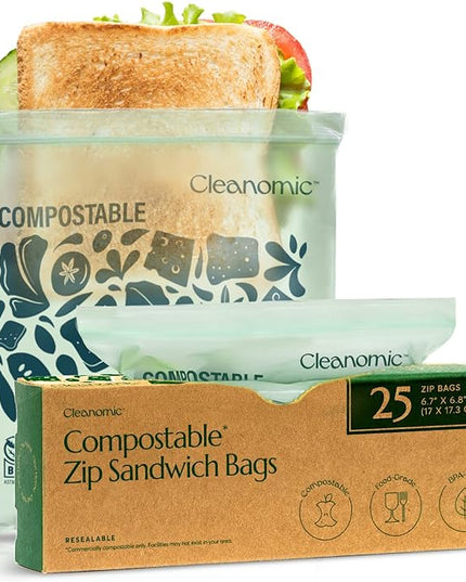 Cleanomic Compostable* Sandwich Size Food Storage Bags (25 Eco Zip) Freezer and Leak Proof, Also Available Gallon, Quart and Snack Size Bags