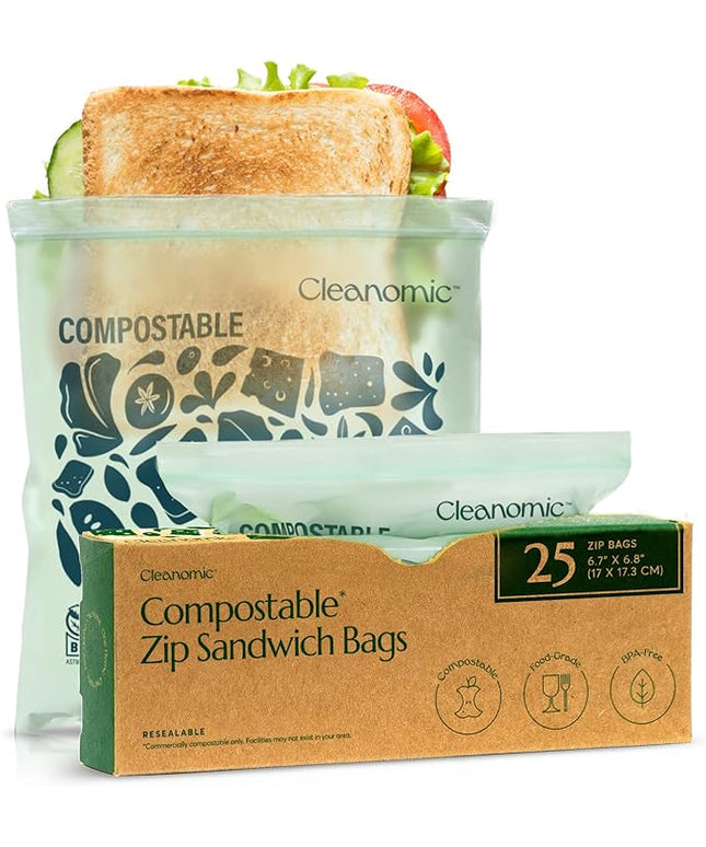 Cleanomic Compostable* Sandwich Size Food Storage Bags (25 Eco Zip) Freezer and Leak Proof, Also Available Gallon, Quart and Snack Size Bags