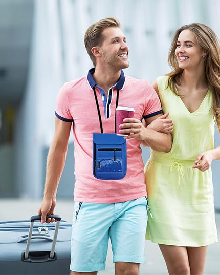 RFID Blocking Travel Neck Wallet Pouch and Passport Holder, Travel Neck Pouch Passport Holder for Women & Men - Blue