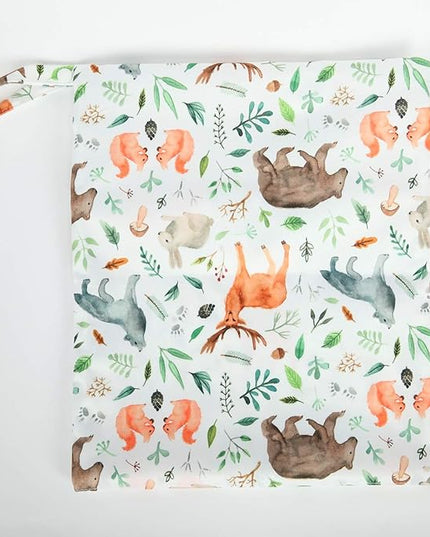 Wet Dry Bag Baby Cloth Diaper NappyReusable Washable With Two Zippered Pockets (Watercolour Animals)