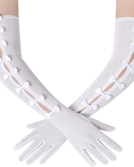 BABEYOND Lace Gloves for Women - Princess Gloves Long Stretchy Bow Mesh Tulle Sheer for Costume Opera Party