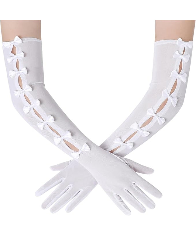BABEYOND Lace Gloves for Women - Princess Gloves Long Stretchy Bow Mesh Tulle Sheer for Costume Opera Party