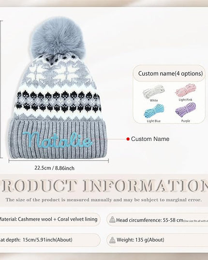 Personalized Beanie for Women Custom Knit with Name, Winter Hat with Pom Pom, Soft Lined Warm Hat, Birthday Gift