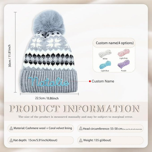 Personalized Beanie for Women Custom Knit with Name, Winter Hat with Pom Pom, Soft Lined Warm Hat, Birthday Gift