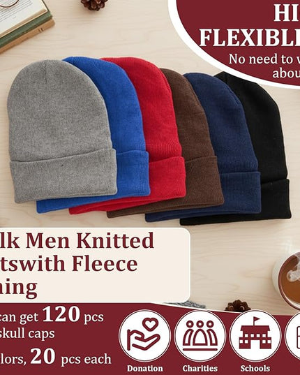 Chicingyou 120 Pcs Bulk Men Knitted Hats with Fleece Lining for Charity Homeless Donations, Unisex Beanies Winter Warm Hats