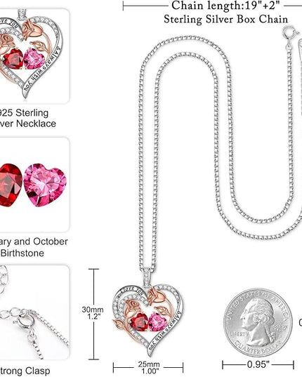 Iefil Christmas Gifts for Women Wife - 925 Sterling Silver Rose Heart Birthstone Necklace Birthday Anniversary Jewelry Gifts for Her Wife Mom Daughter