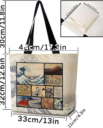 Katsushika Hokusai Japanese Painting Tote Bag Reusable Grocery Bags Aesthetic Shopping Shoulder Handbag with Interior Zipper Pocket Stylish Ukiyoe The Great Wave Present for Women
