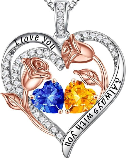 Iefil Christmas Gifts for Women Wife - 925 Sterling Silver Rose Heart Birthstone Necklace Birthday Anniversary Jewelry Gifts for Her Wife Mom Daughter