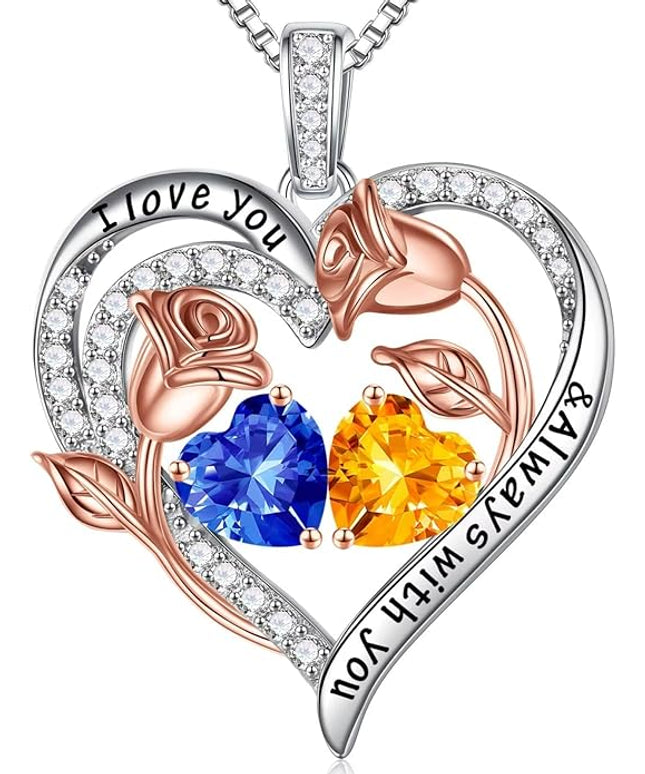 Iefil Christmas Gifts for Women Wife - 925 Sterling Silver Rose Heart Birthstone Necklace Birthday Anniversary Jewelry Gifts for Her Wife Mom Daughter