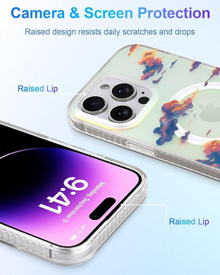 Cute Case for iPhone 14 Pro Max Case for Women Girls [ Compatible with Magsafe ] Aesthetic Cloud Pattern Design, Girly Glitter Sparkly Bling Protective Phone Cover, Iridescent Sun Set Sky