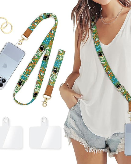 Phone Lanyard Crossbody Wrist Strap, Black Cat Flower Cell Phone Lanyards for Around the Neck Wristlet Shoulder, Adjustable Cute Strap for Car Keys Keychain Wallet ID Badge