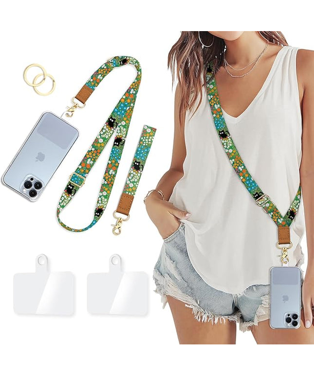 Phone Lanyard Crossbody Wrist Strap, Black Cat Flower Cell Phone Lanyards for Around the Neck Wristlet Shoulder, Adjustable Cute Strap for Car Keys Keychain Wallet ID Badge