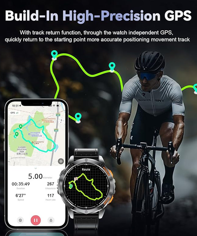 LIGE GPS Smart Watches for Men, Bluetooth Call, LED Flashlight, Compass, 1.43" AMOLED Fitness Watch with Heart Rate/Sleep Monitor, 100+ Sports Modes, iOS Android Compatible, Military Outdoor, Black