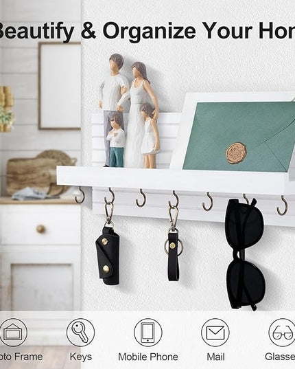 Lwenki Decorative Key Holder for Wall with Shelf, Entryway Shelf with Hooks Holds Leashes, Jackets and Glasses – Sturdy Wood Keyholder Entrance Hanger with Mounting Hardware (White, Large)