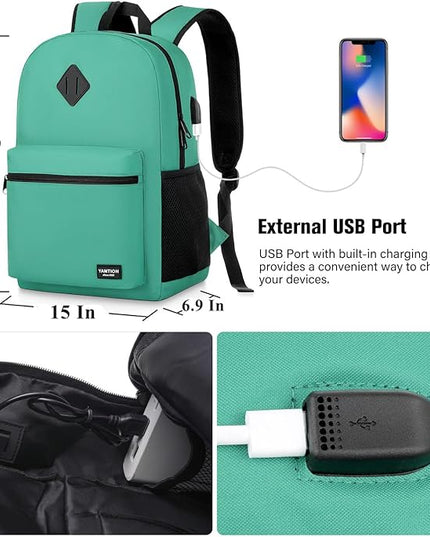 YAMTION 17 Inch School Backpack for Teens,Green Bookbag Classic Backpack with USB Port for High School College Students