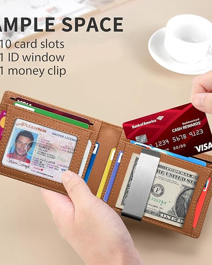 RUNBOX Slim Money Clip Wallets for Men RFID Blocking 11 Card Holder Minimalist Small Leather Bifold Men's Front Pocket Wallet Gift Box