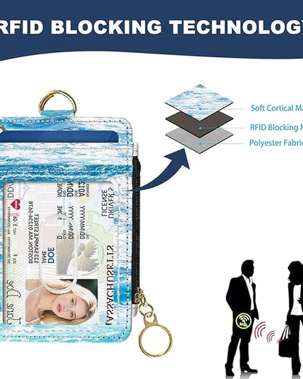 Slim Wallet Credit Card Holder, Sharks and Cats, RFID Wallet Women Cute Small Front Pocket Wallet With Zipper, PU Leather Thin travel RFID Blocking Card Case ID Window,Ladies Gifts