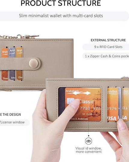 POIUGOYA Slim Wallet for Women,RFID Blocking Bifold Credit Card Holder with Zipper Coin Pocket,ID Window,Keychain