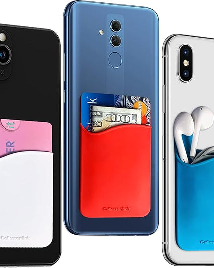 USA Merchant Redesigned Card Holder - Silicone Stick on Cell Phone Wallet with Pocket for Credit Card ID Business Card - iPhone Android & Smartphones (Red, White, Teal)
