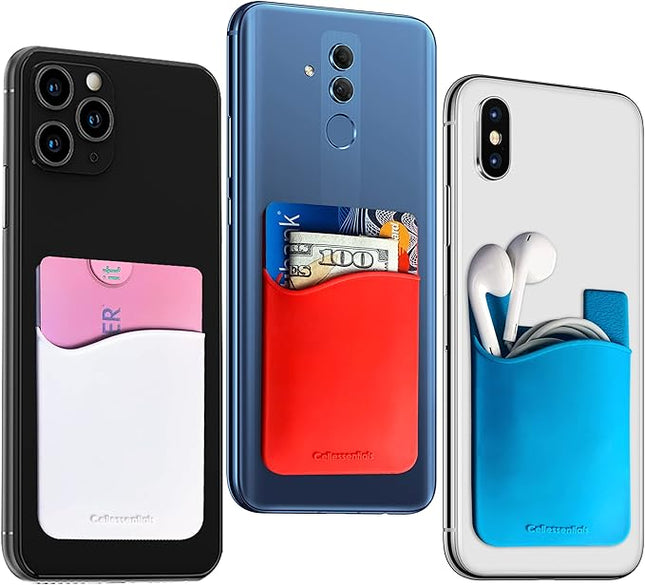 USA Merchant Redesigned Card Holder - Silicone Stick on Cell Phone Wallet with Pocket for Credit Card ID Business Card - iPhone Android & Smartphones (Red, White, Teal)
