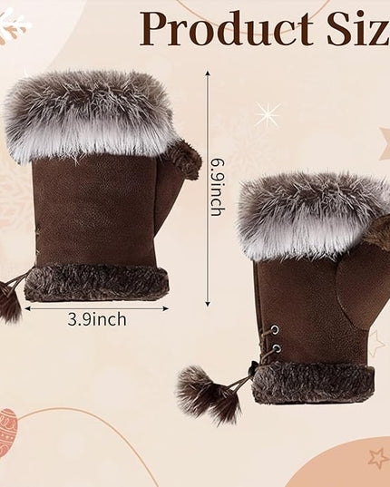SATINIOR Women Fur Fingerless Gloves Winter Rabbit Fur Lined Half Finger Mittens for Women Girls Teen Working Writing