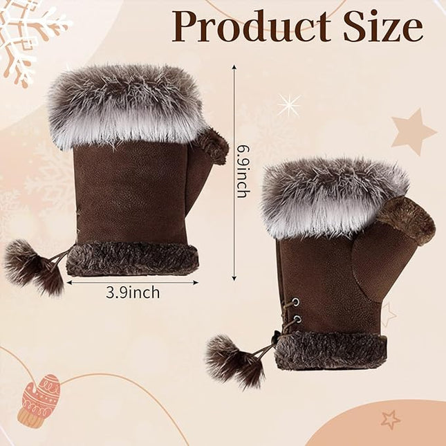 SATINIOR Women Fur Fingerless Gloves Winter Rabbit Fur Lined Half Finger Mittens for Women Girls Teen Working Writing