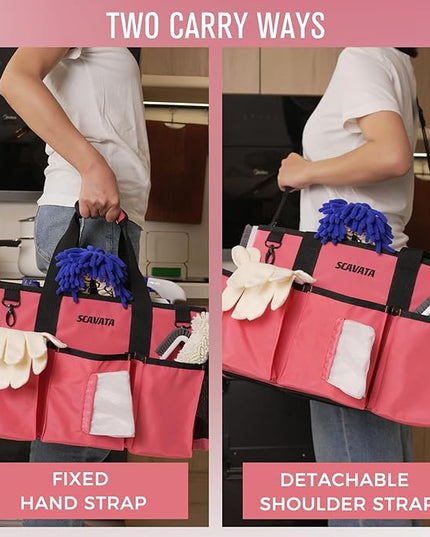 Wearable Cleaning Caddy Bag, Cleaning Caddy Supplies Organizer with Handle & Shoulder Straps for Housekeepers, Under Sink & Car Cleaning Tool Organizers with 4 Foldable Divider (RoseRed)