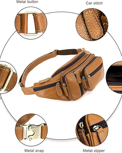 Genuine Leather Fanny Pack large capacity Crossbody Waist Bag with Zipper phone Pockets brown