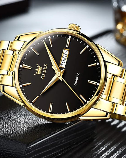 OLEVS Men's Luxury Watch Waterproof Luminous Easy Read Chronograph Watches Full Gold/White Dail/Black Face with Calendar Wristwatch