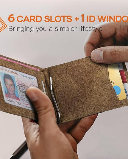 RUNBOX Slim Wallet for Men Genuine Leather RFID Blocking Bifold Minimalist Front Pocket Mens Wallet with Money Clip Thin Gift Box