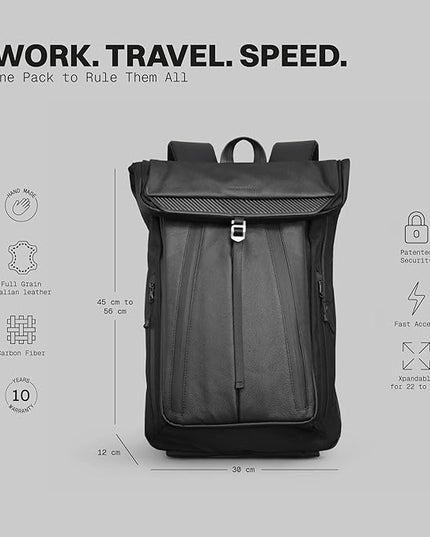 The Frenchie Co. - Work/Travel Speed Backpack - Expandable 23-30 L Laptop Pack - Anti-theft magnetic closure - Ballistic nylon body with full-grain Italian leather trim