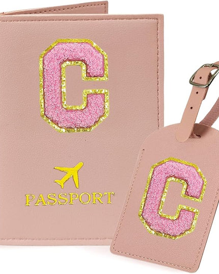 COSHAYSOO Initial Passport Cover Luggage Tag Set Letter Passport Holder Airplane Cruise Travel Essentials Vacation Traveling Accessories Personalized Gifts for Women Teen College Girls Pink C