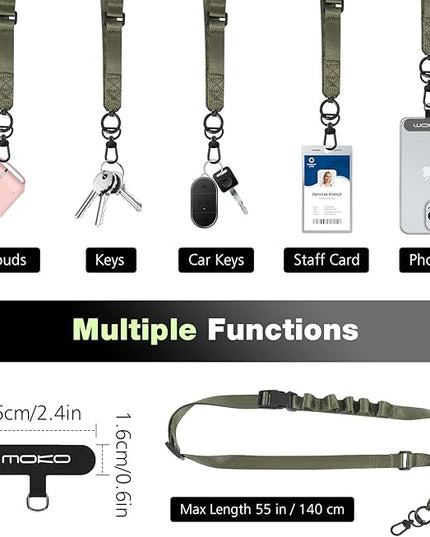 MoKo Universal Phone Lanyard, Nylon Adjustable Cell Phone Crossbody Strap Detachable Women & Men Cellphone Lanyards Around the Neck with Patches for iPhone, Most Smartphone, Army Green