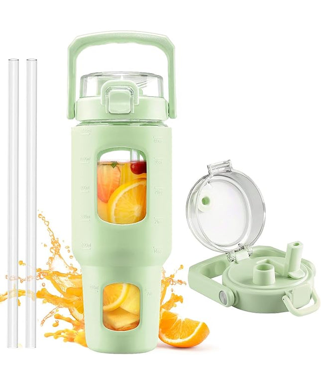 BLUEGO 40oz Glass Tumbler with Lid and Straw, Glass Water Bottles with Handle, Glass Cup with Time Marker and Silicone Sleeve, Fits Most Cup Holder, Leak-proof, Green