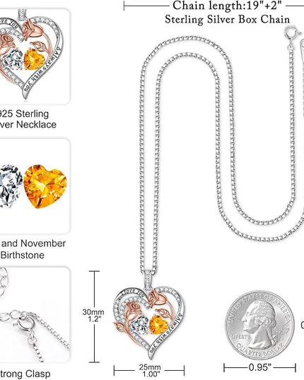 Iefil Christmas Gifts for Women Wife - 925 Sterling Silver Rose Heart Birthstone Necklace Birthday Anniversary Jewelry Gifts for Her Wife Mom Daughter