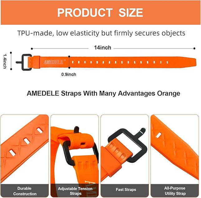 2 Pack Lashing Straps with Buckles,Adjustable Utility Tension Straps,Simple Tie-Downs Straps for Securing Bike Moto Luggage,Garden Hoses,Skis,Wires and Cables,Orange,14"