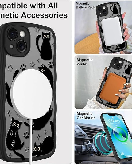 Cute Case for iPhone 13 Case [Compatible with MagSafe] with Kawaii Black Cats Cat Print Pattern Design for Women Girls, Soft Wavy Edge Anti-Slip Animal Magnetic Protective Phone Cover