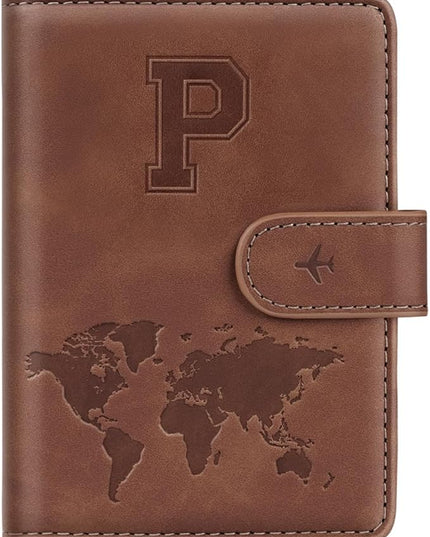 Passport Holder Cover Personalized Initial Letter A-Z Travel Wallet RFID Blocking Passport Cover Passport Book Holders for Women and Men, Brown-P