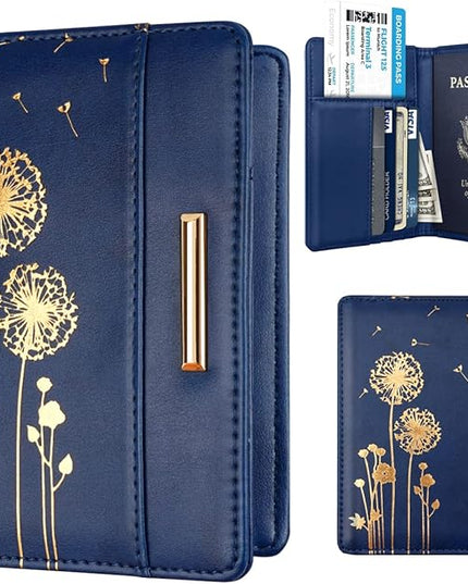 Passport Holder Cover Travel RFID Blocking Passport Cover Rose Gold Cute Flowers Passport Wallet with Elastic Band for Women
