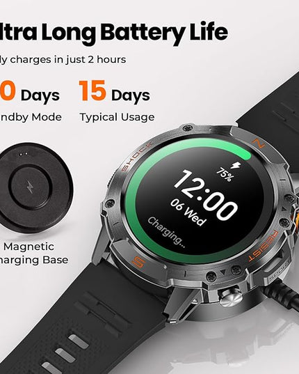 WalkerFit Military Smart Watch for Men (170+ Sports Modes), 1.43" AMOLED Rugged Watch with Bluetooth Call, 5ATM Waterproof Fitness Tracker Watch, Long Battery, Compatible with iPhone Android